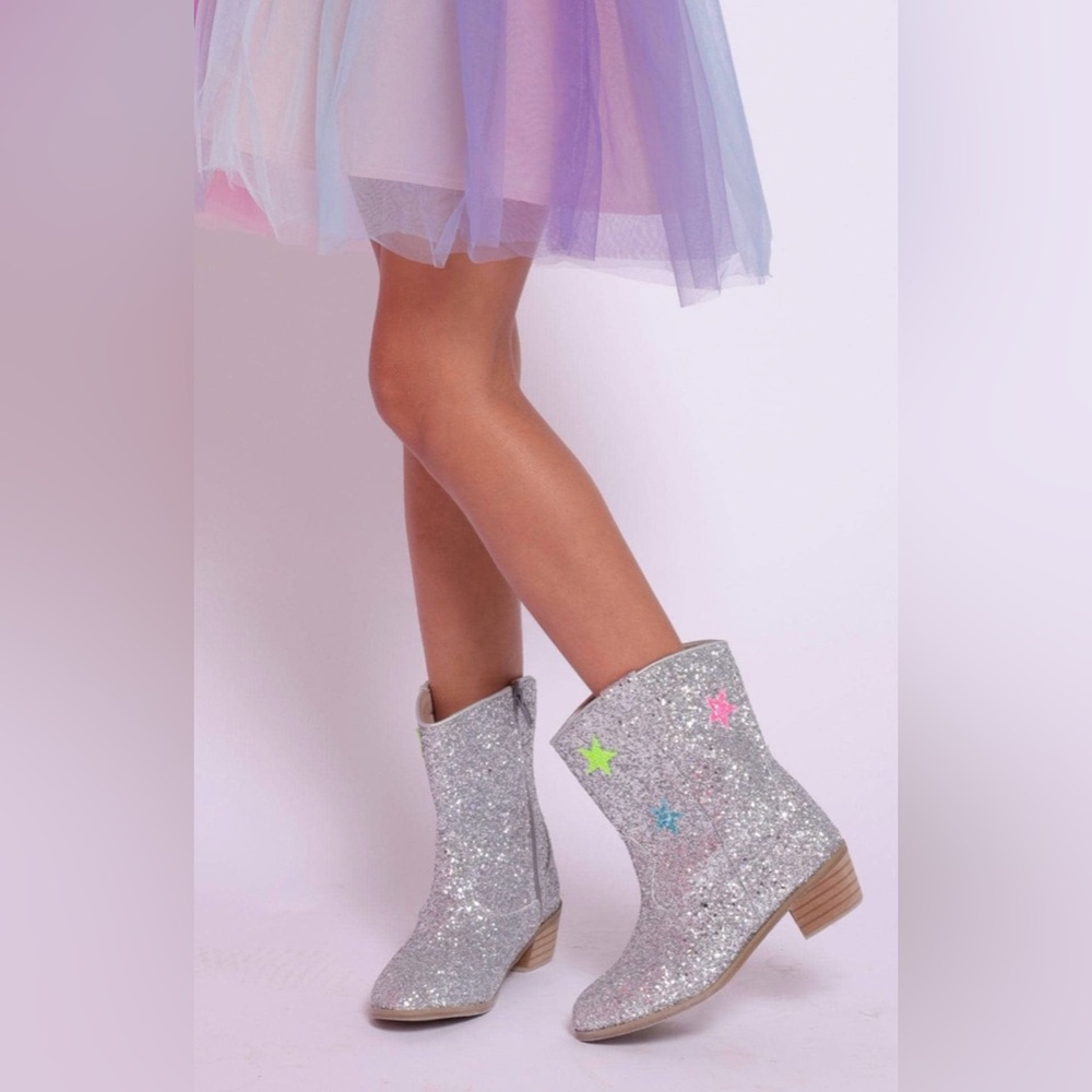 Lola & The Boys Hologram Silver Glitter Star Cowgirl Boots